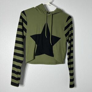 Social Collision Cropped Top Womens S Green Star Long Sleeve Hooded Punk Grunge